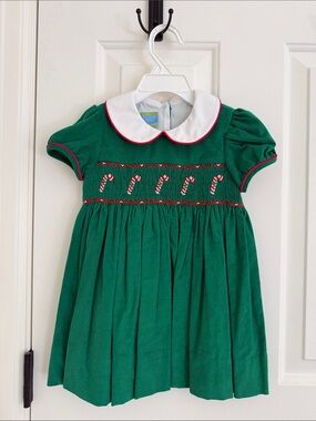 Velani Green Velvet Candy Cane Smocked Toddler Girl Christmas Dress - 2T